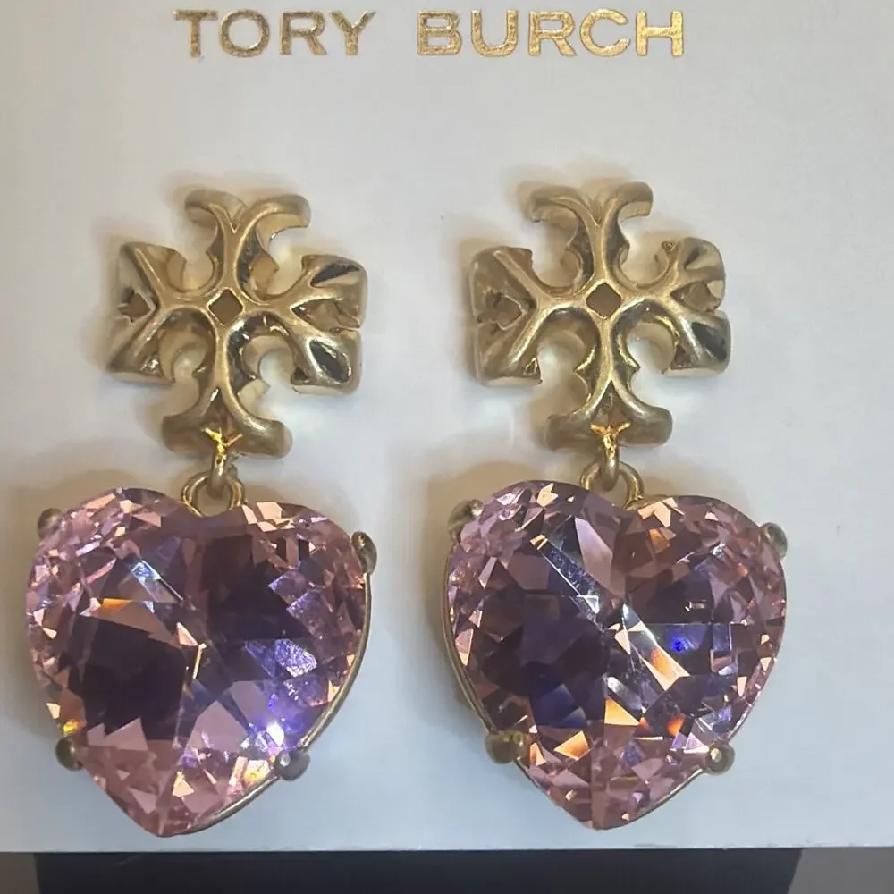 Tory Burch Kira Carved Heart Drop Earrings Gold & Pink New on Card Dust Pouch
